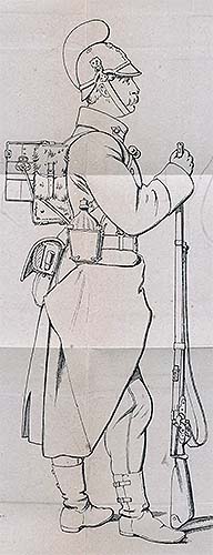 Infanterist im Mantel und Feldausrüstung